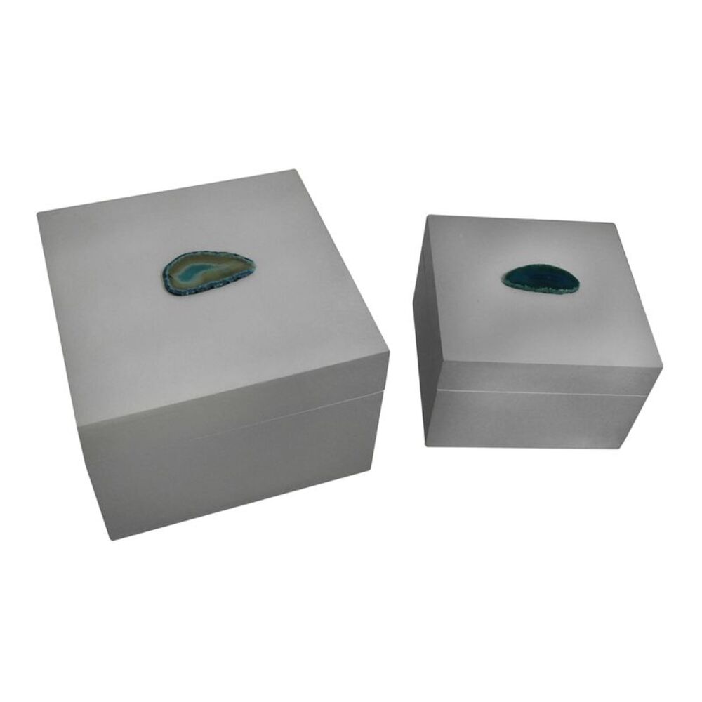 Pair of Glossy White Decorative Boxes With Blue Agate Accents